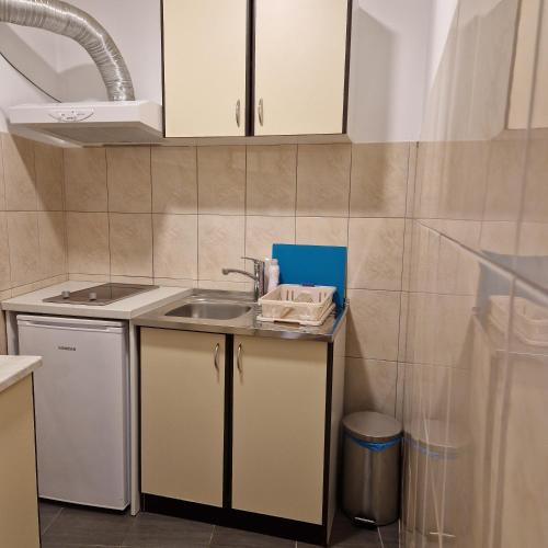 a small kitchen with a sink and a counter at Apartment Mavero-Free Private Parking in Zagreb