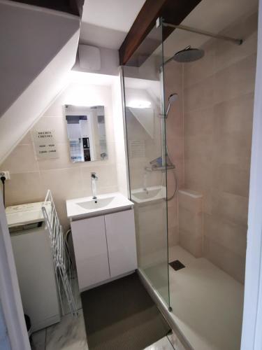 une salle de bain avec un lavabo et une douche dans l'établissement Le Pré Catalan - Piscine en saison - En bord de mer - Accès animations - Commerce -Plage, à Argelès-sur-Mer