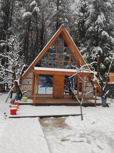 una cabaña en la nieve con árboles nevados en Avalanche Cottages en Kasol
