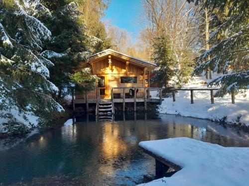 a log cabin in the snow next to a river at Sowinka in Lutowiska