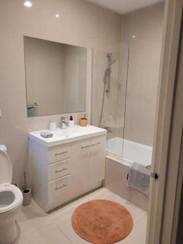 a bathroom with a toilet and a sink and a shower at Boulder House in Melbourne