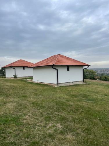 two white buildings on top of a grass field at Apartmani Mladenovac in Mladenovac