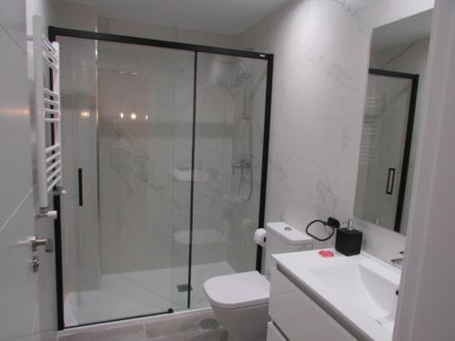 een badkamer met douche, toilet en wastafel bij VUT Mar de Llanes in Llanes