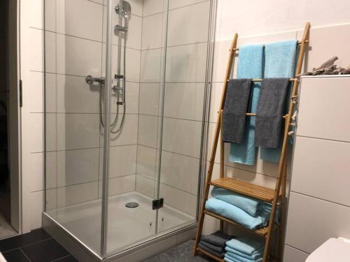 baño con ducha y perchero con toallas en Eresburg Apartment., en Marsberg