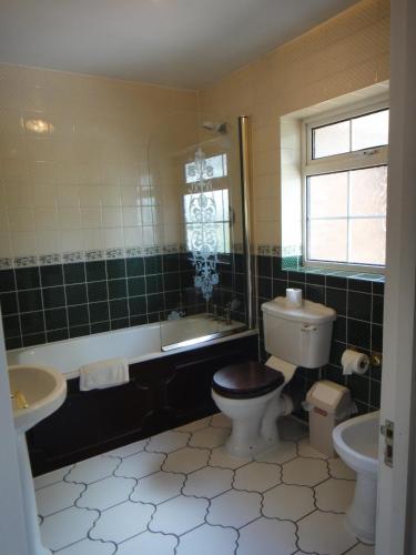 a bathroom with a toilet and a tub and a sink at Gibtel Lodge & Cafe in Slough
