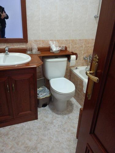 a bathroom with a toilet and a sink and a mirror at EL ABAD in Abadía