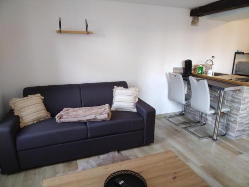 a living room with a black couch and a desk at Studio moderne 2 personnes in Villeneuve-sur-Yonne