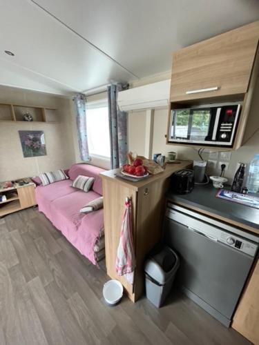 Cette petite chambre comprend un lit rose et une cuisine. dans l'établissement GHVacances Le PiPiou, à Parentis-en-Born