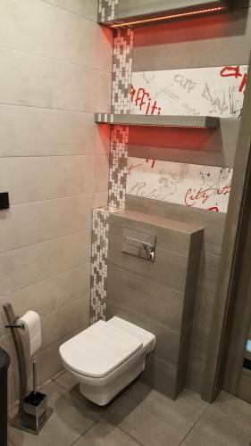 Revela Domki Całoroczne Boszkowo في بوزكوفو: حمام مع مرحاض وبعض الكتابات على الحائط