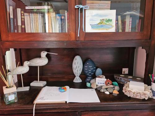 a shelf with a desk with birds and books at VILLA VILLACOLLE in Procchio
