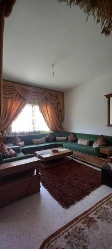 a living room with a green couch and a large window at Le Kram House in La Goulette