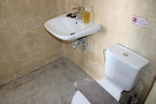 a bathroom with a white toilet and a sink at Villa Solasta in Santorini in Akrotiri