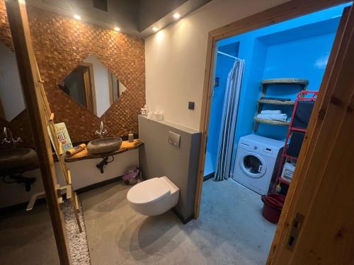 a bathroom with a toilet and a sink and a washing machine at Cozy Flat in Heart of Nicosia in Lefkosa Turk