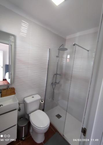 a white bathroom with a toilet and a shower at La concha in La Laguna