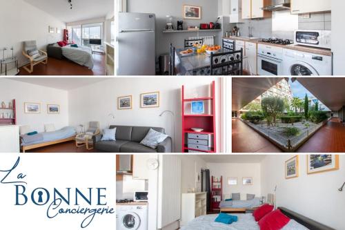 a collage of a kitchen and a living room at Port et Littoral * Proche plage * Central * loggia in La Grande-Motte