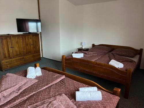 Säng eller sängar i ett rum på Apartmán 27 - Ubytování v Krkonoších se saunou