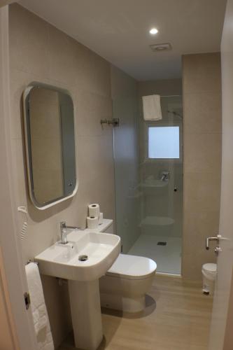 bagno con lavandino, servizi igienici e specchio di APARTAMENTOS PICOS DE EUROPA a Santander