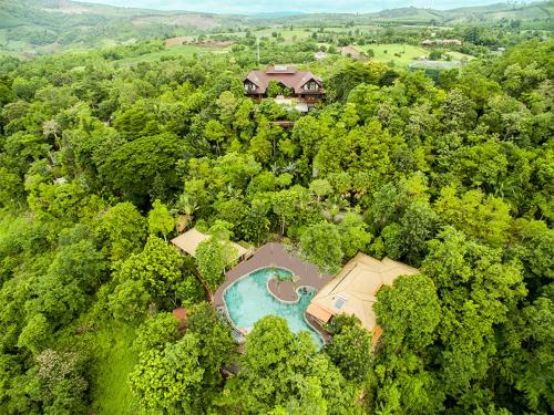 Vue aérienne d'une maison au milieu d'une forêt dans l'établissement Phu Pha Nam Resort, à Dan Sai