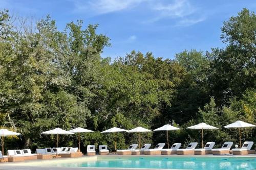 - un groupe de chaises longues et de parasols à côté de la piscine dans l'établissement La chêneraie de Tomélou - belle propriété avec piscine chauffée et gardien, à Grignols