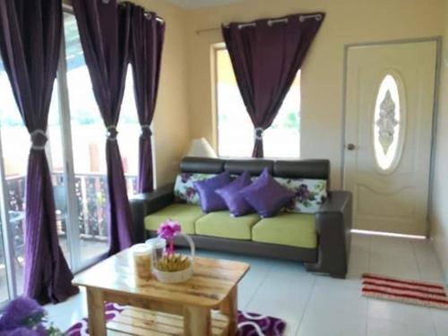 Langkawi Homestay Bunga Padi في كواه: غرفة معيشة مع أريكة وطاولة