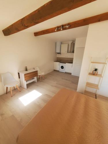 Il comprend un grand salon avec une table et une cuisine. dans l'établissement Studio Cosy en plein centre ville, à Bédarieux