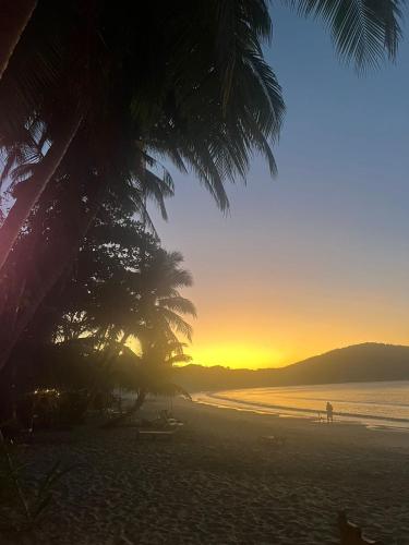 a sunset on a beach with palm trees and the ocean at 8 Star Paradise in Locaroc