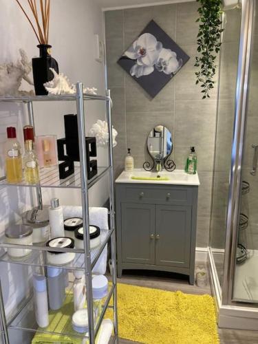a bathroom with a sink and a mirror and a shelf at Beautiful new Garden Annexe in Ashton in Makerfield