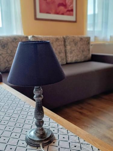 a black lamp sitting on a table in a living room at Guest House Sherpa in Moravská Třebová