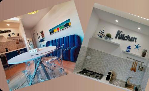 een keuken met een tafel en een fornuis in een kamer bij Stella Marina in Montesilvano