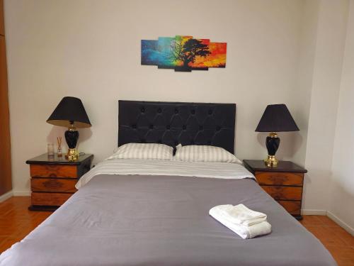 1 dormitorio con 1 cama grande, 2 mesitas de noche y 2 lámparas en Hermoso Duplex con vista al Estuario. en Río Gallegos
