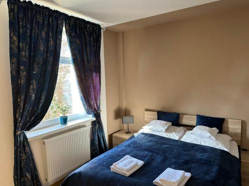 a bedroom with a bed with blue sheets and a window at Apartamenty EDK in Jelenia Góra