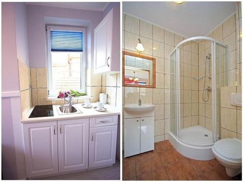 2 Bilder eines Badezimmers mit Waschbecken und WC in der Unterkunft Apartment for 2 people in Mi dzyzdroje in Misdroy