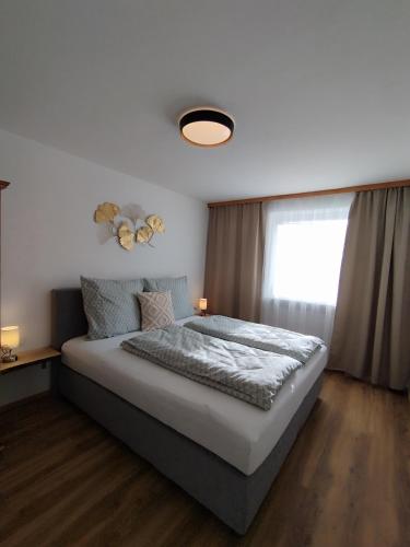 a bedroom with a large bed and a window at Carina's Apartment in Obsteig