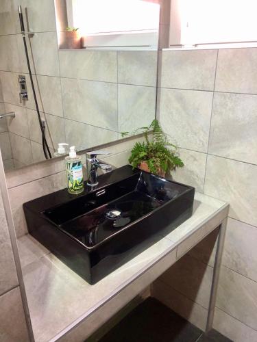 a black sink in a bathroom with a mirror at Costa Linda B&B in Vlissingen