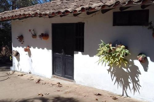 a small white house with a door and a plant at Departamento Raíces in Curití