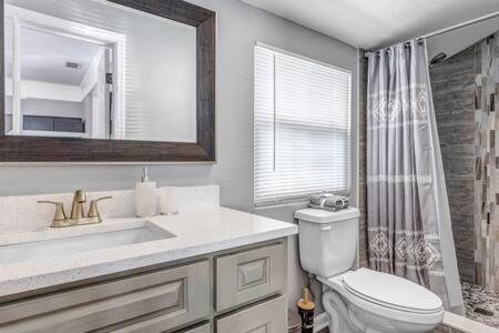 Un baño con inodoro, lavabo y espejo. en Gorgeous Pool Home - 5 Min from San Marco, en Jacksonville
