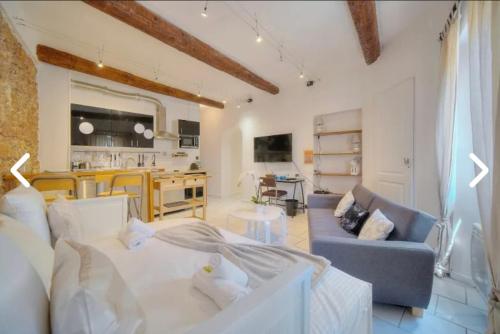 un salon avec un canapé et une cuisine dans l'établissement Appartement Canne 1 chambre - 12RP, à Cannes