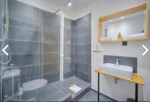 une salle de bain avec un lavabo et une douche dans l'établissement Appartement Canne 1 chambre - 12RP, à Cannes