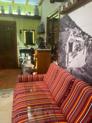 - un canapé dans le salon avec une photo sur le mur dans l'établissement Casa Belojardim E Antiga Fábrica de Manteiga, à Arco da Calheta