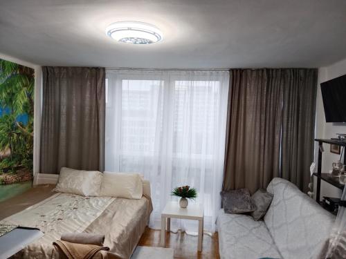 sala de estar con cama, sofá y ventana en 918A Warsaw Center Free Parking TAMARS, en Varsovia