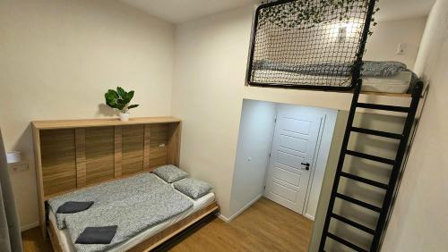 a bedroom with a bunk bed and a ladder at Apartmán Maxmilián**** s parkováním zdarma in Karlovy Vary
