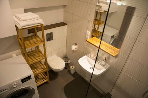Kompleksowo wyposażony apartament w centrum في كراكوف: حمام صغير مع مرحاض ومغسلة