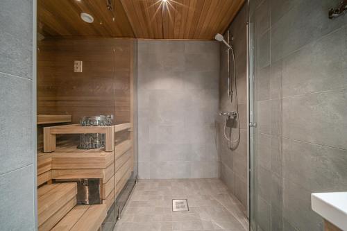 uma casa de banho com um chuveiro e uma porta de vidro em Levillas Levin Cranberry C24 em Levi