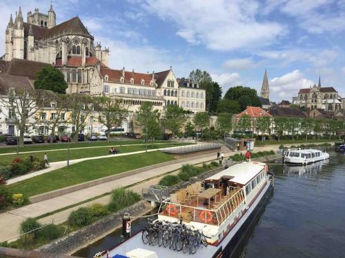 un bateau garé sur la rivière devant un bâtiment dans l'établissement Bel appart au centre-ville proche gare avec wifi., à Auxerre