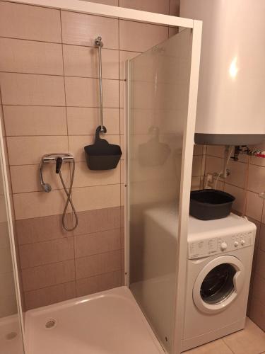 a small bathroom with a washing machine and a shower at Apartment 180 in Teplice nad Metují