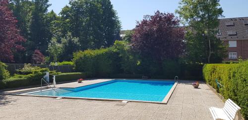 a small swimming pool in a garden with a chair at Panorama-Meerblick am Scharbeutzer Strand in Scharbeutz