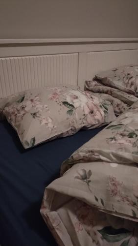 ein Bett mit zwei Kissen darüber in der Unterkunft Paritalokolmio joen rannalla in Haapavesi