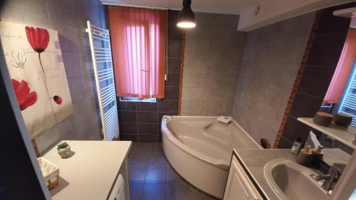 ein Badezimmer mit einer Badewanne und einem Waschbecken in der Unterkunft Plaisir des prés - Appartement T3, jardin, parking in Chaponost