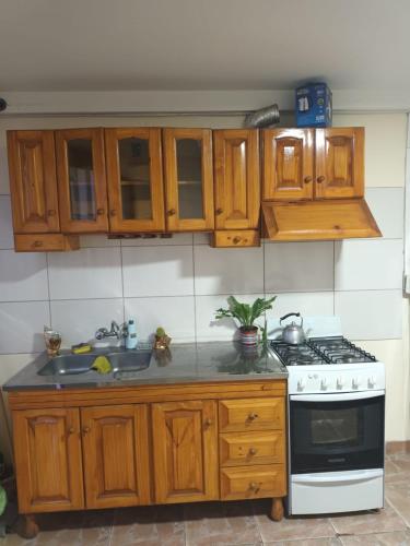 cocina con armarios de madera, fogones y fregadero en la pipi en Las Heras