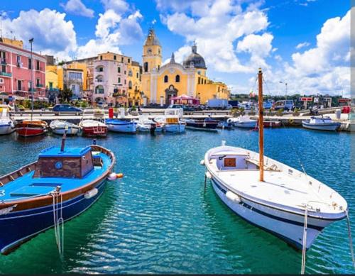a group of boats docked in a harbor with buildings at Tuttiacasaditeresa Rooms in Procida